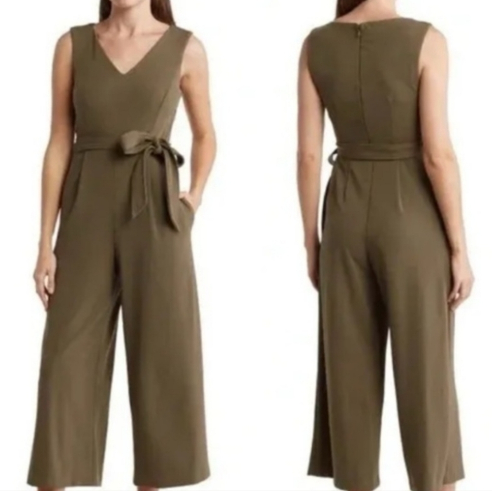Calvin Klein Olive Green Wide Leg Jumpsuit with V-Neck and Waist Tie